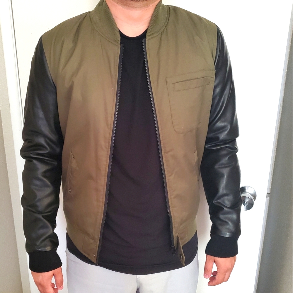 Men's leather sleeve Bomber Jacket